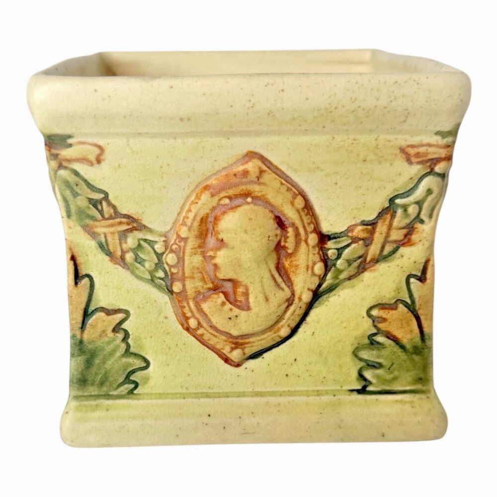 Vintage Weller Pottery Roma Medallion Square Planter Cream Cameo Medallion